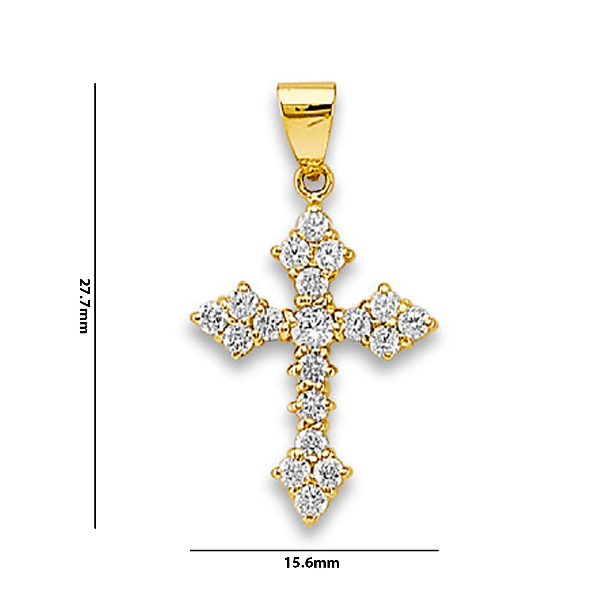 Yellow Gold Round Cut CZ Arrowhead Ends Cross Pendant with Measurement