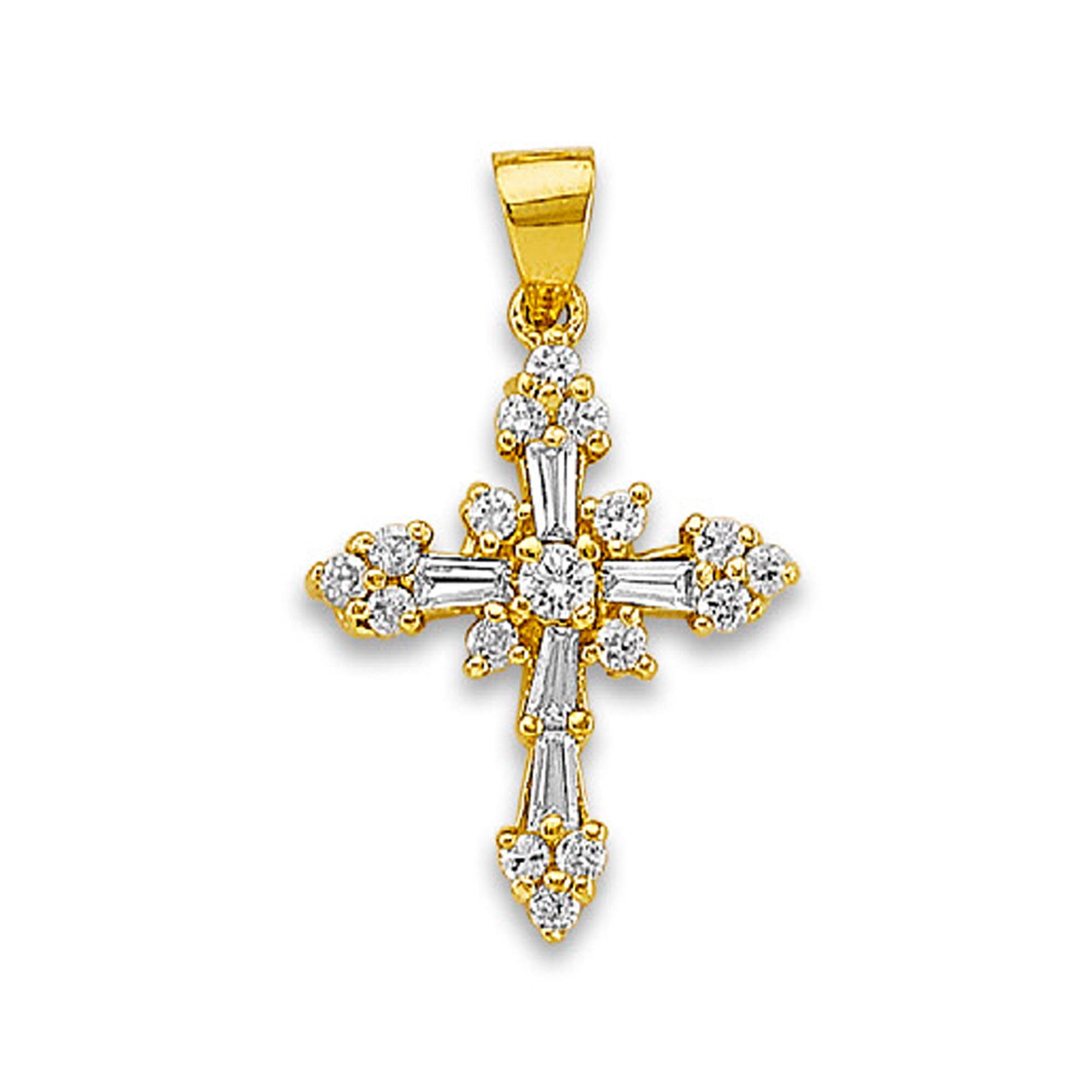 Yellow Gold Round &amp; Baguette Cut CZ Accented Pointed Cross Pendant