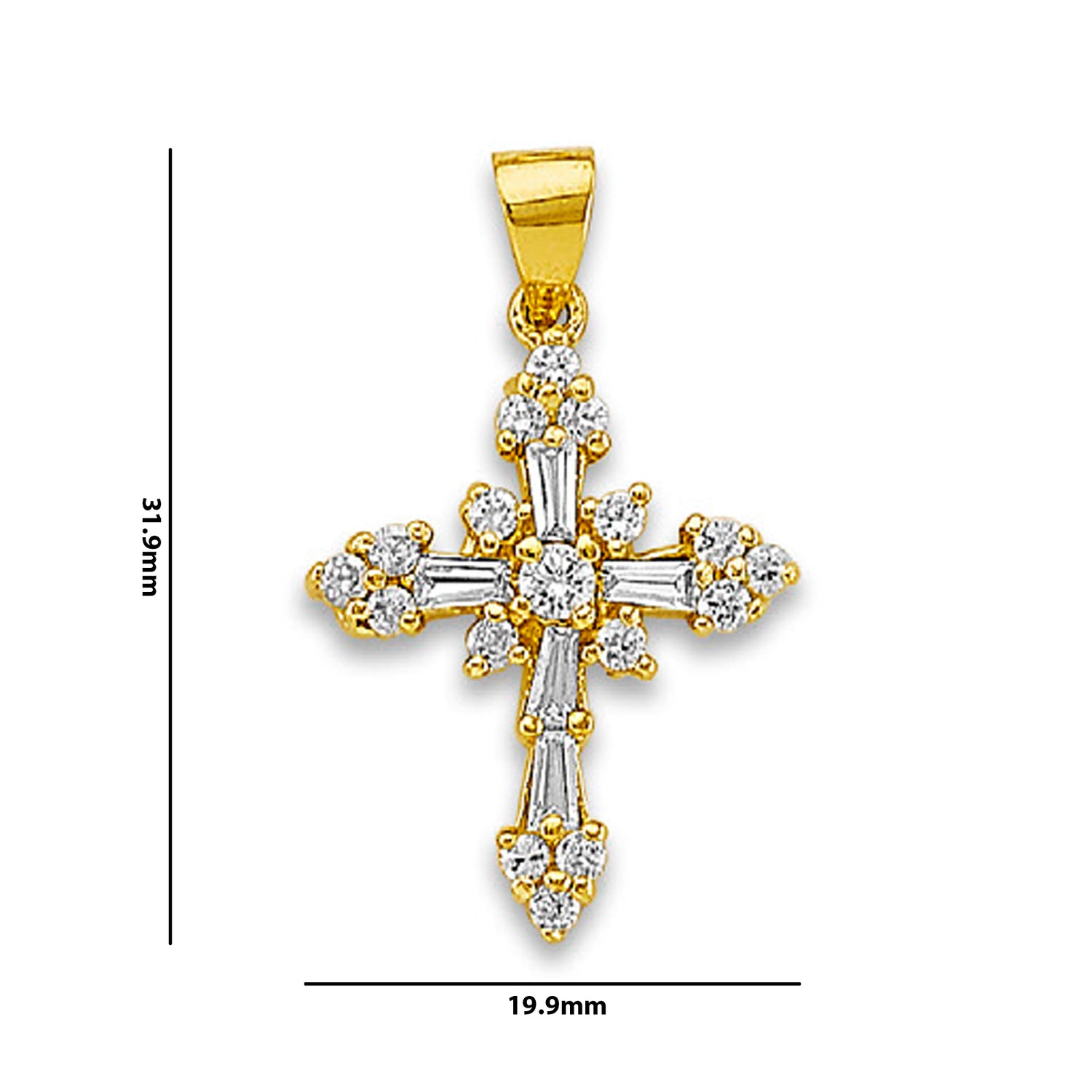 Yellow Gold Round &amp; Baguette Cut CZ Accented Pointed Cross Pendant with Measurement