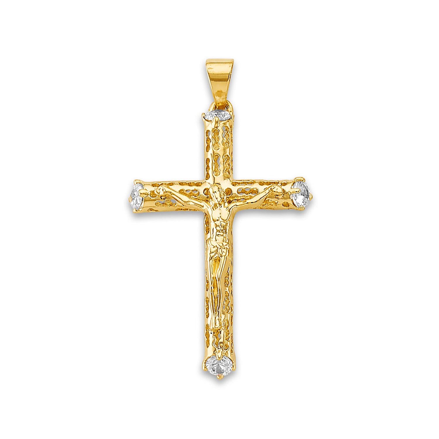 Yellow Gold Round CZ Religious Jesus Crucifix Pendant