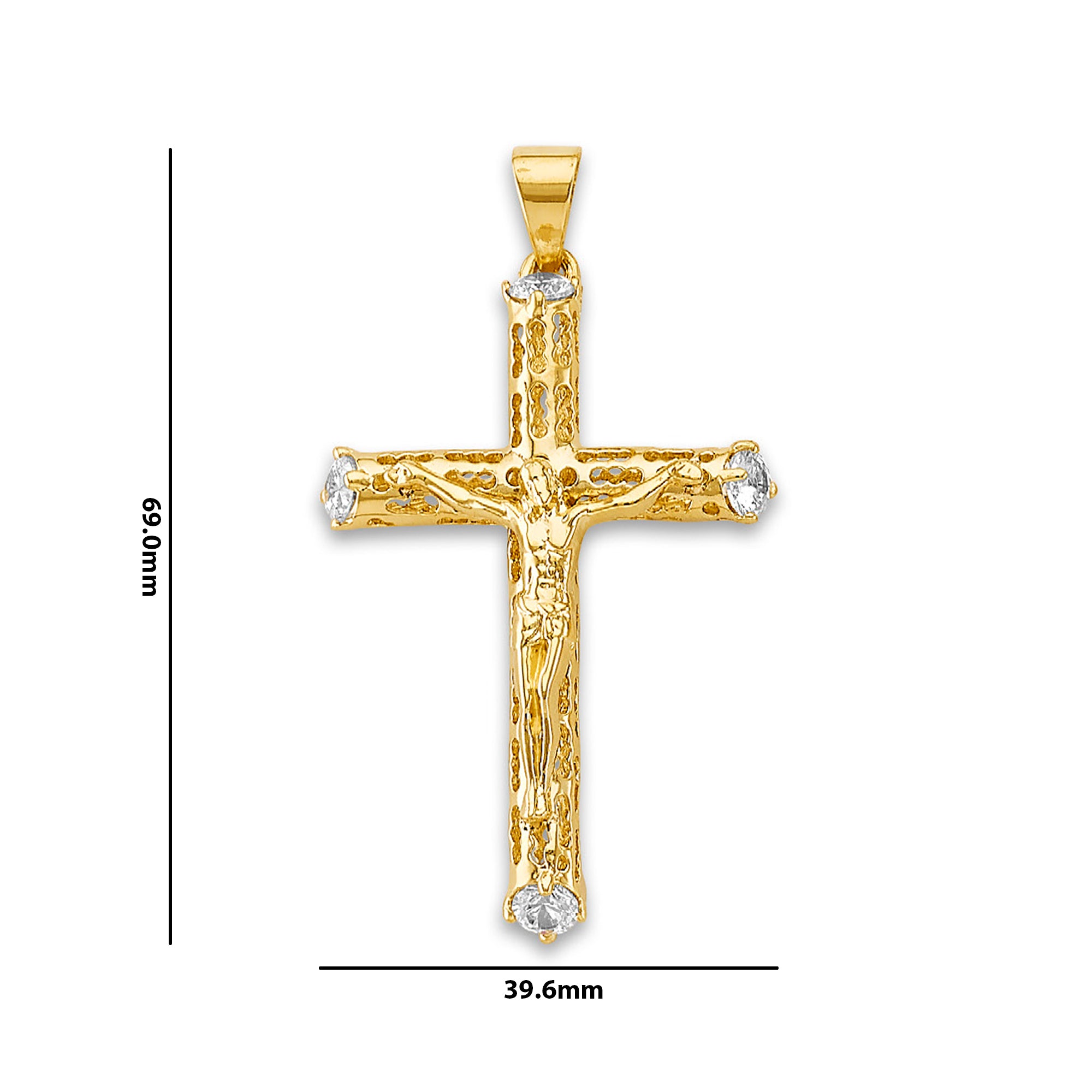 Yellow Gold Round CZ Religious Jesus Crucifix Pendant with Measurement