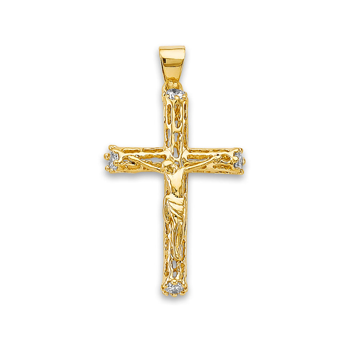 Yellow Gold Round CZ Studded Religious Jesus Christ Crucifix Pendant