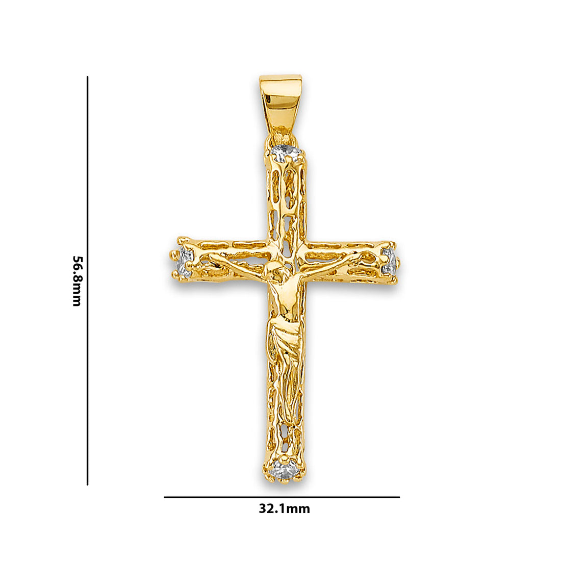 Yellow Gold Round CZ Studded Religious Jesus Christ Crucifix Pendant with Measurement