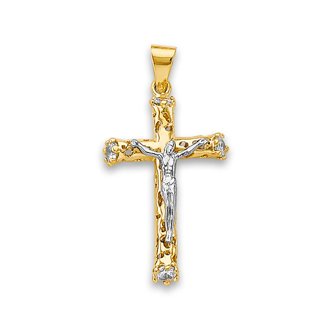 Two Tone Gold Round CZ Religious Jesus Crucifix Cross Pendant