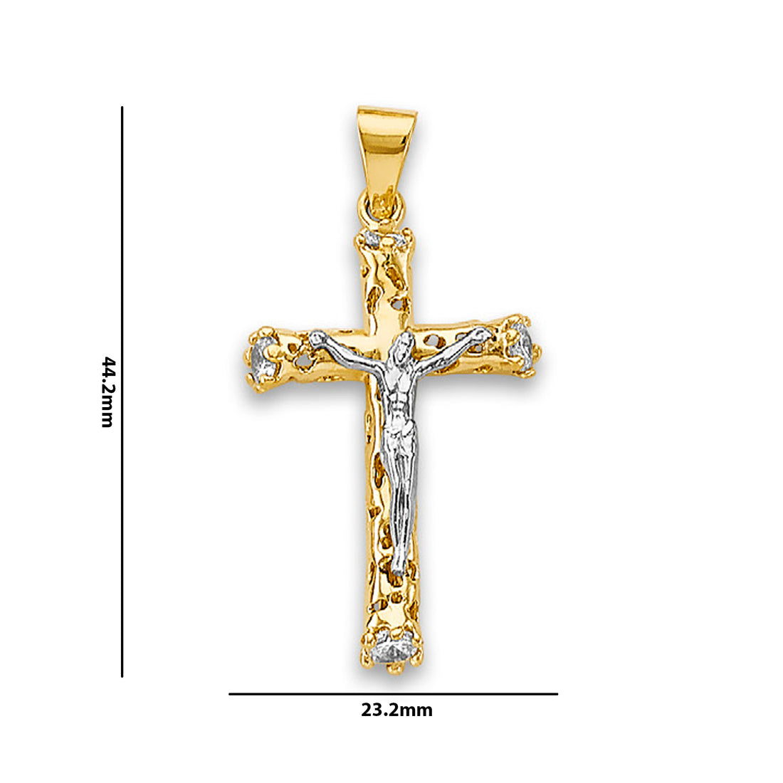 Two Tone Gold Round CZ Religious Jesus Crucifix Cross Pendant with Measurement