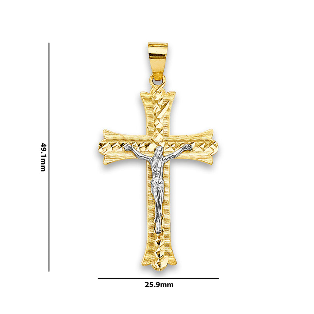 Two Tone Gold Jesus Christ Crucifix Pendant with Measurement