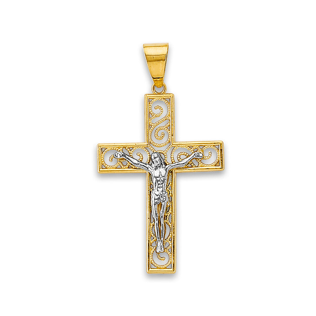 Two Tone Gold Diamond Cut Block Filigree Crucifix Pendant