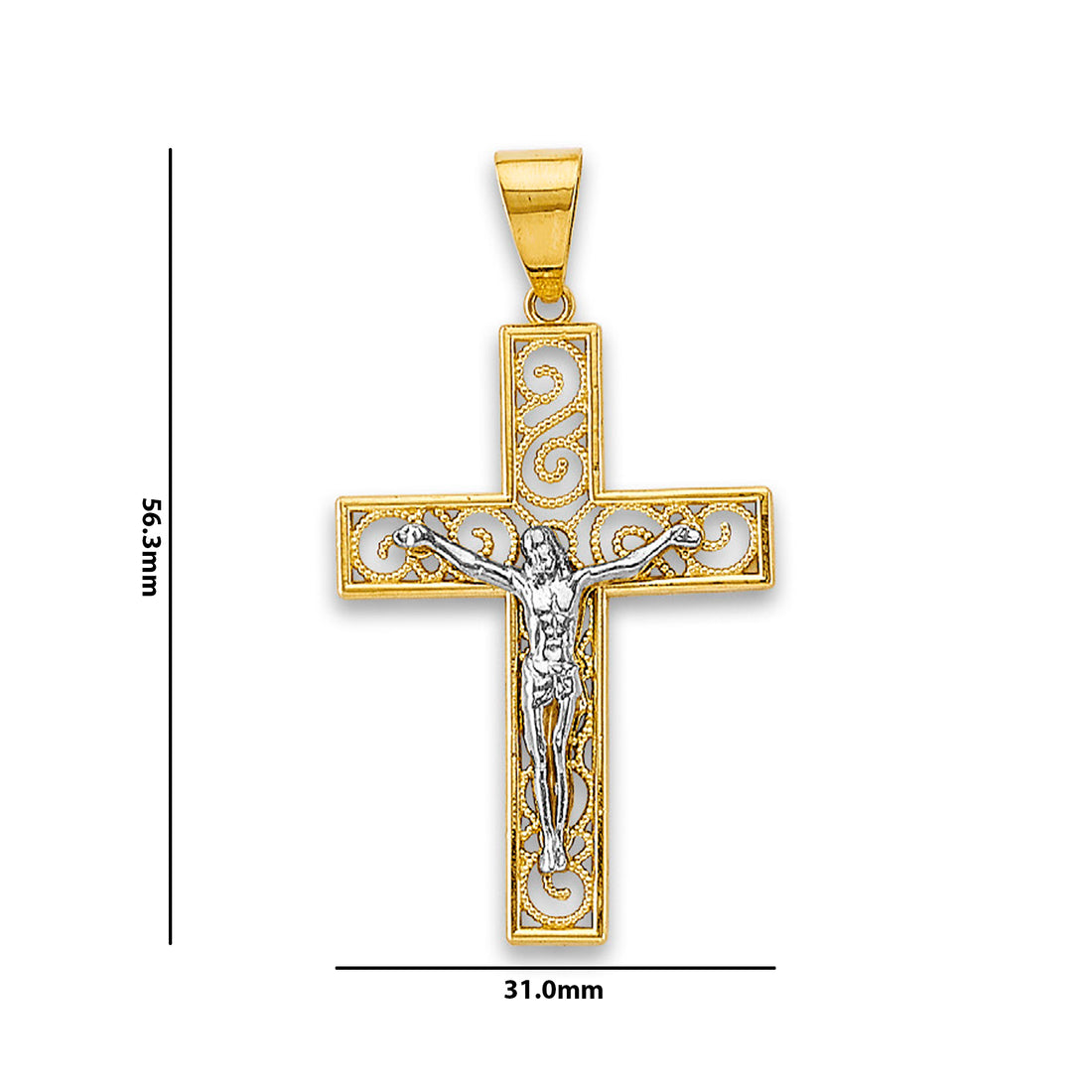 Two Tone Gold Diamond Cut Block Filigree Crucifix Pendant with Measurement