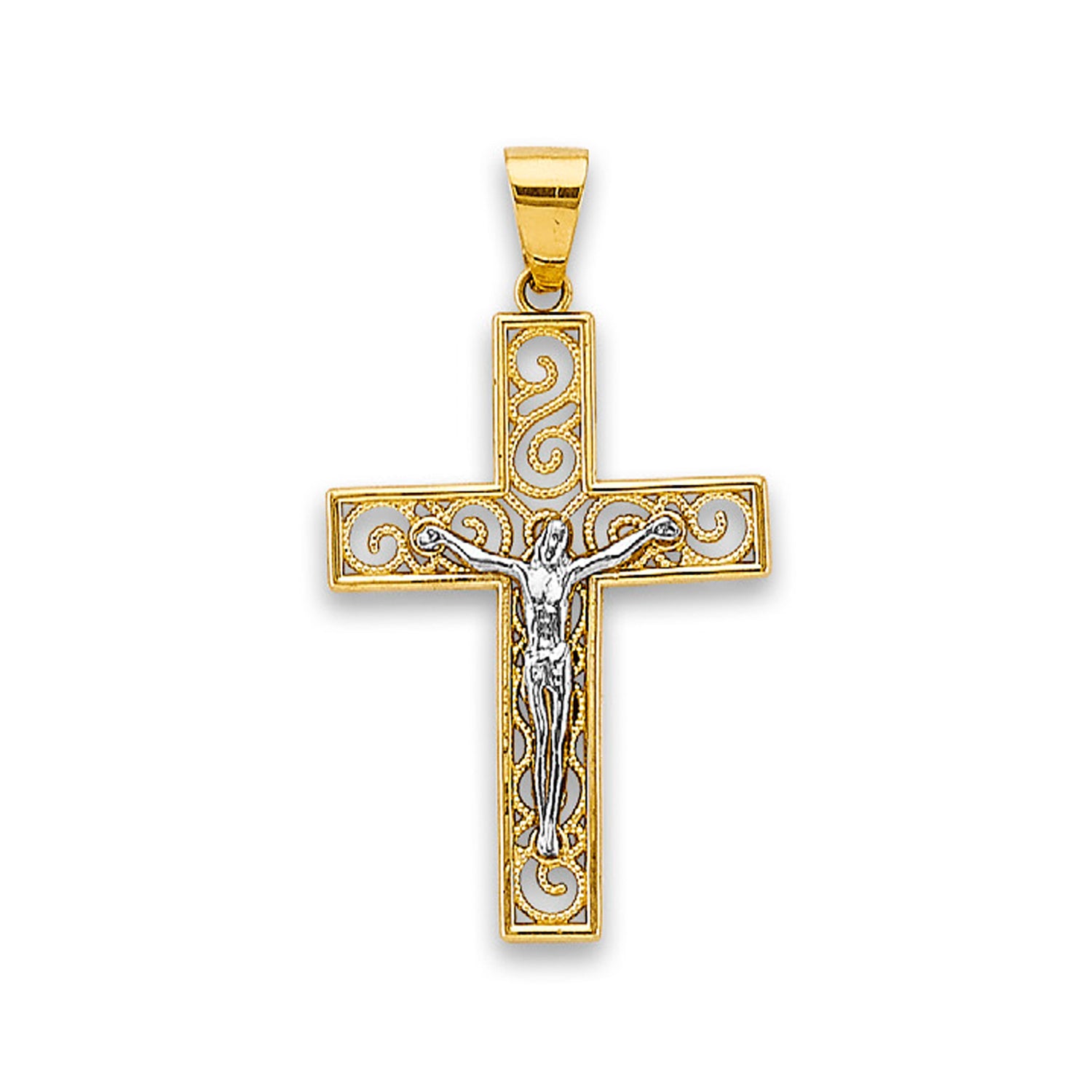 Two Tone Gold Diamond Cut Block Filigree Jesus Christ Crucifix Pendant