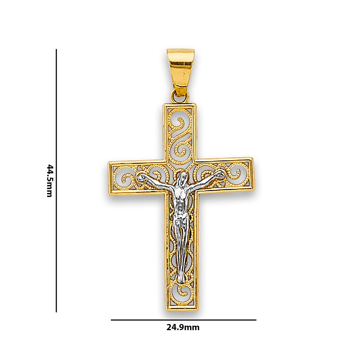 Two Tone Gold Diamond Cut Block Filigree Jesus Christ Crucifix Pendant with Measurement