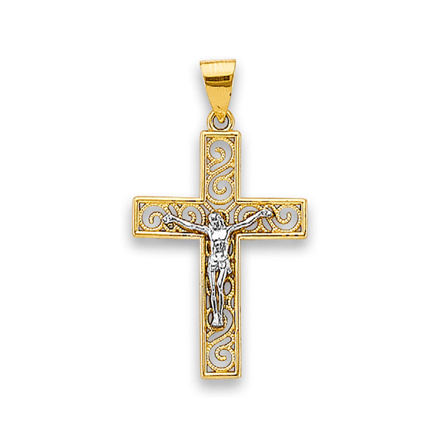 Two Tone Gold Diamond Cut Block Filigree Crucifix Religious Pendant