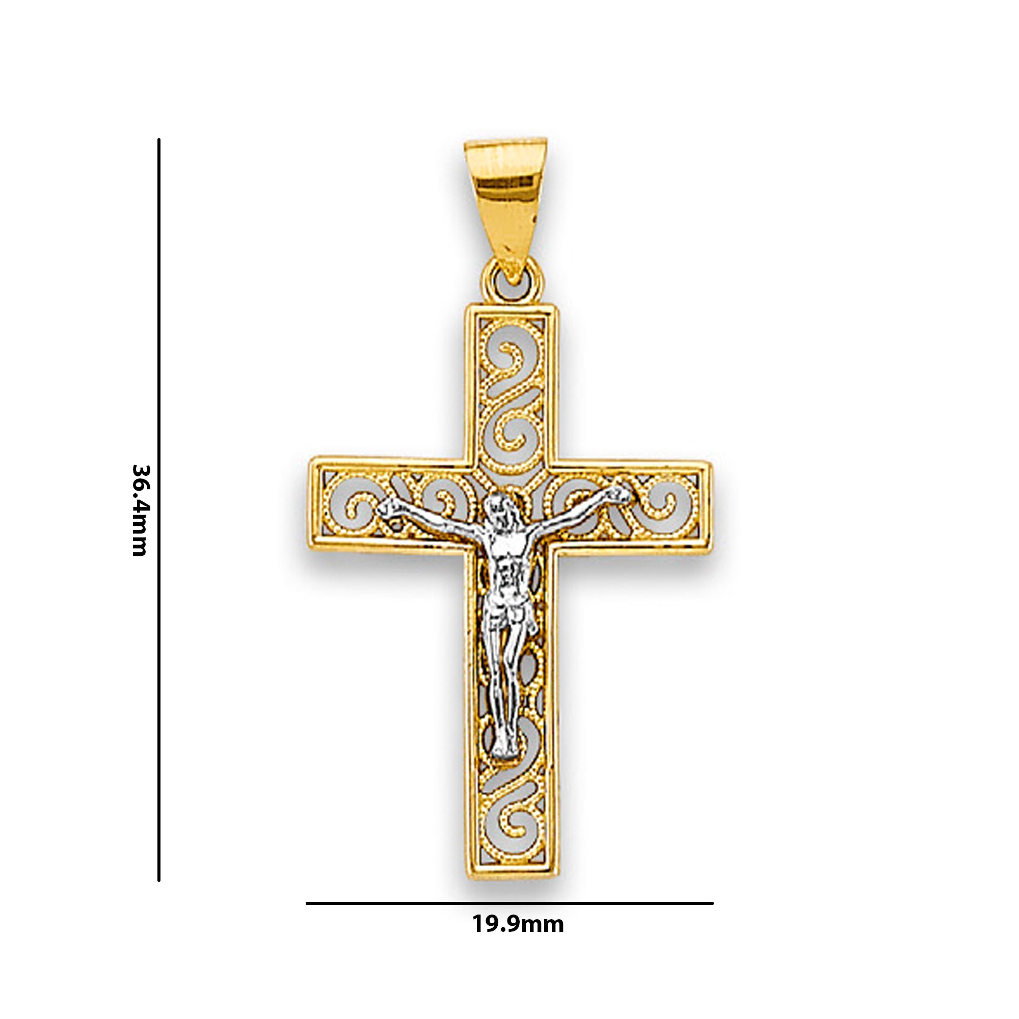 Two Tone Gold Diamond Cut Block Filigree Crucifix Religious Pendant with Measurement