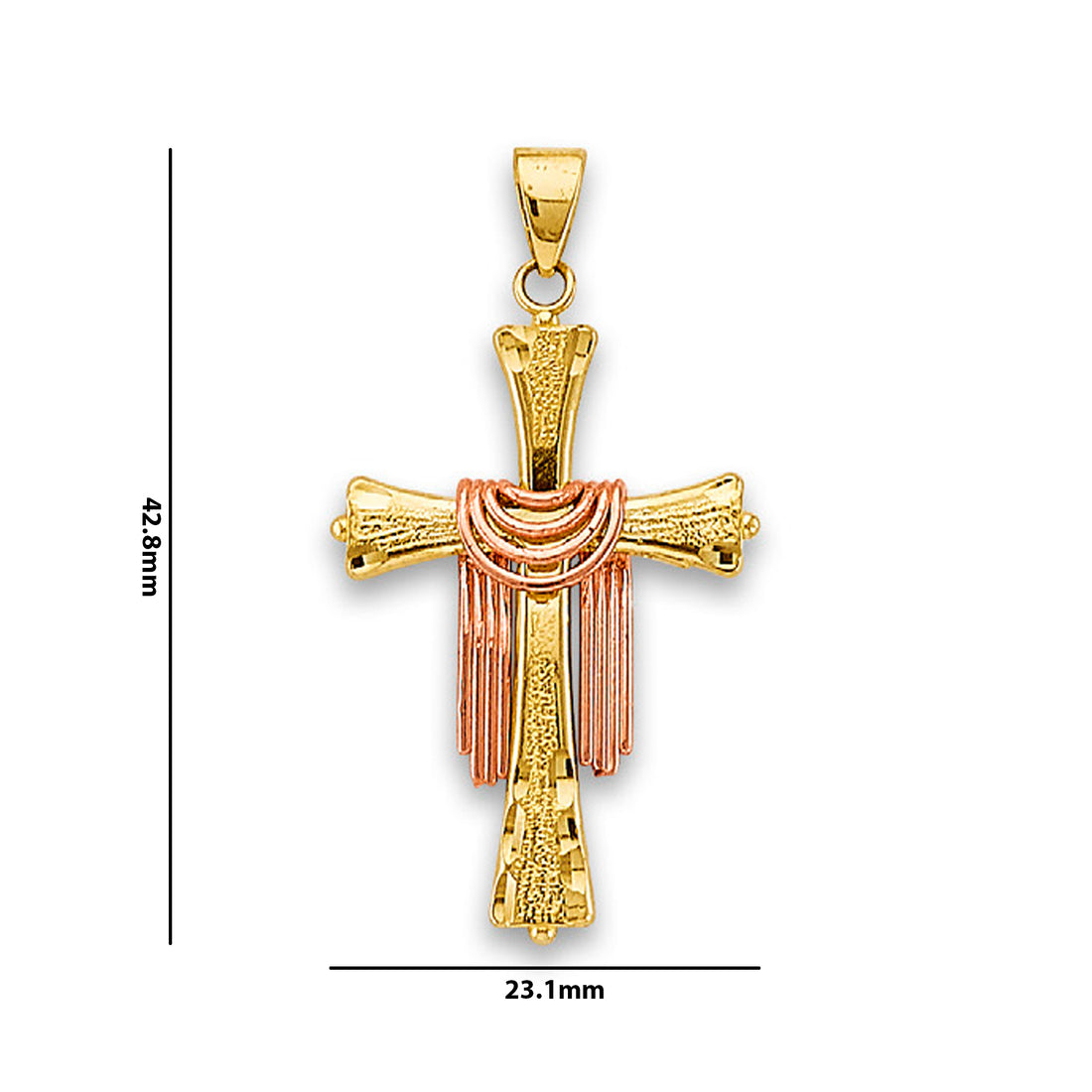 Two Tone Gold Textured Finish Drape Cross Pendant with Measurement