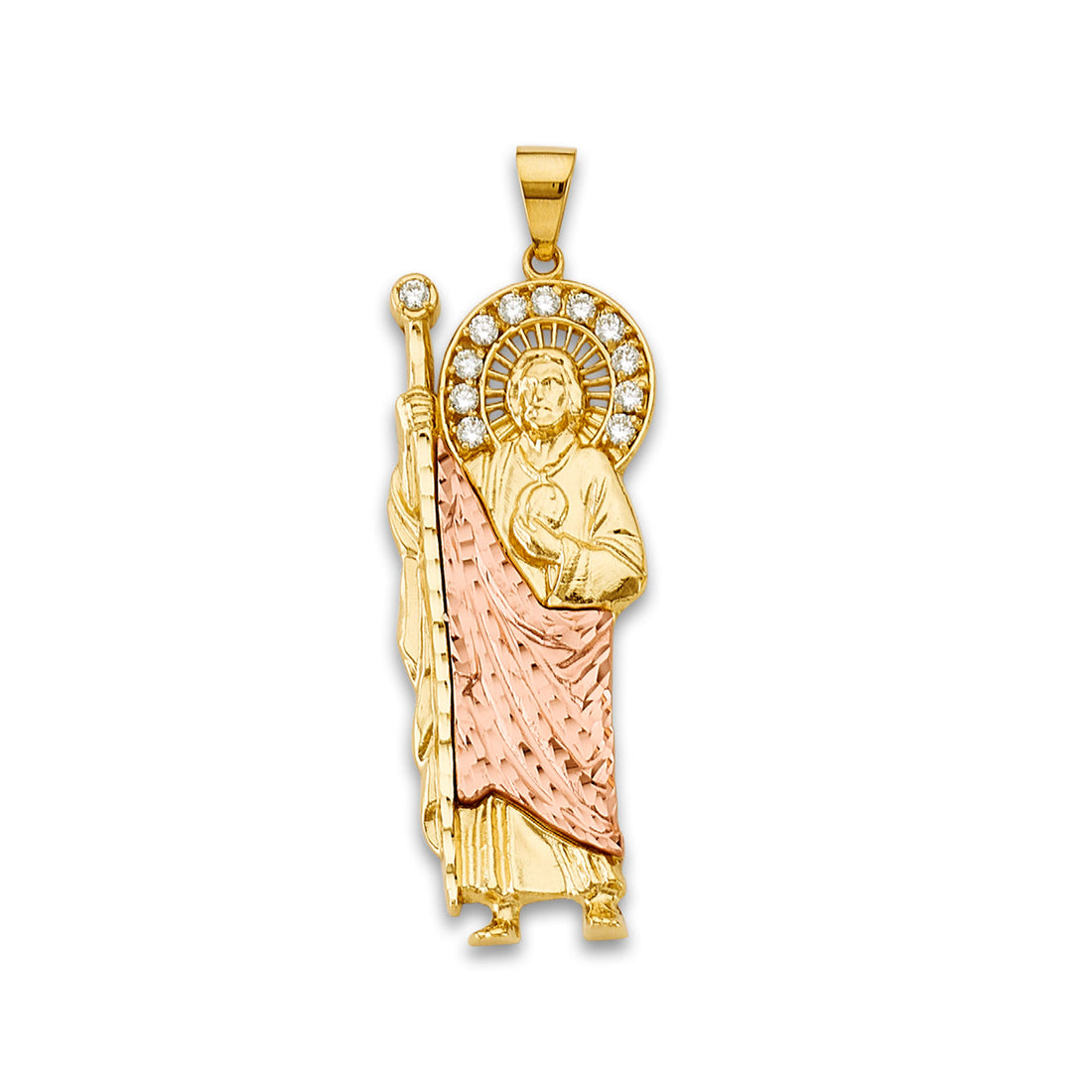 Two Tone Gold Round CZ Saint Jude Thaddeus Religious Pendant