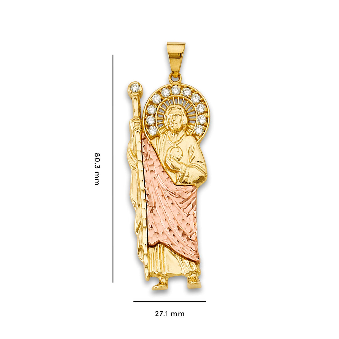 Two Tone Gold Round CZ Saint Jude Thaddeus Religious Pendant with Measurement