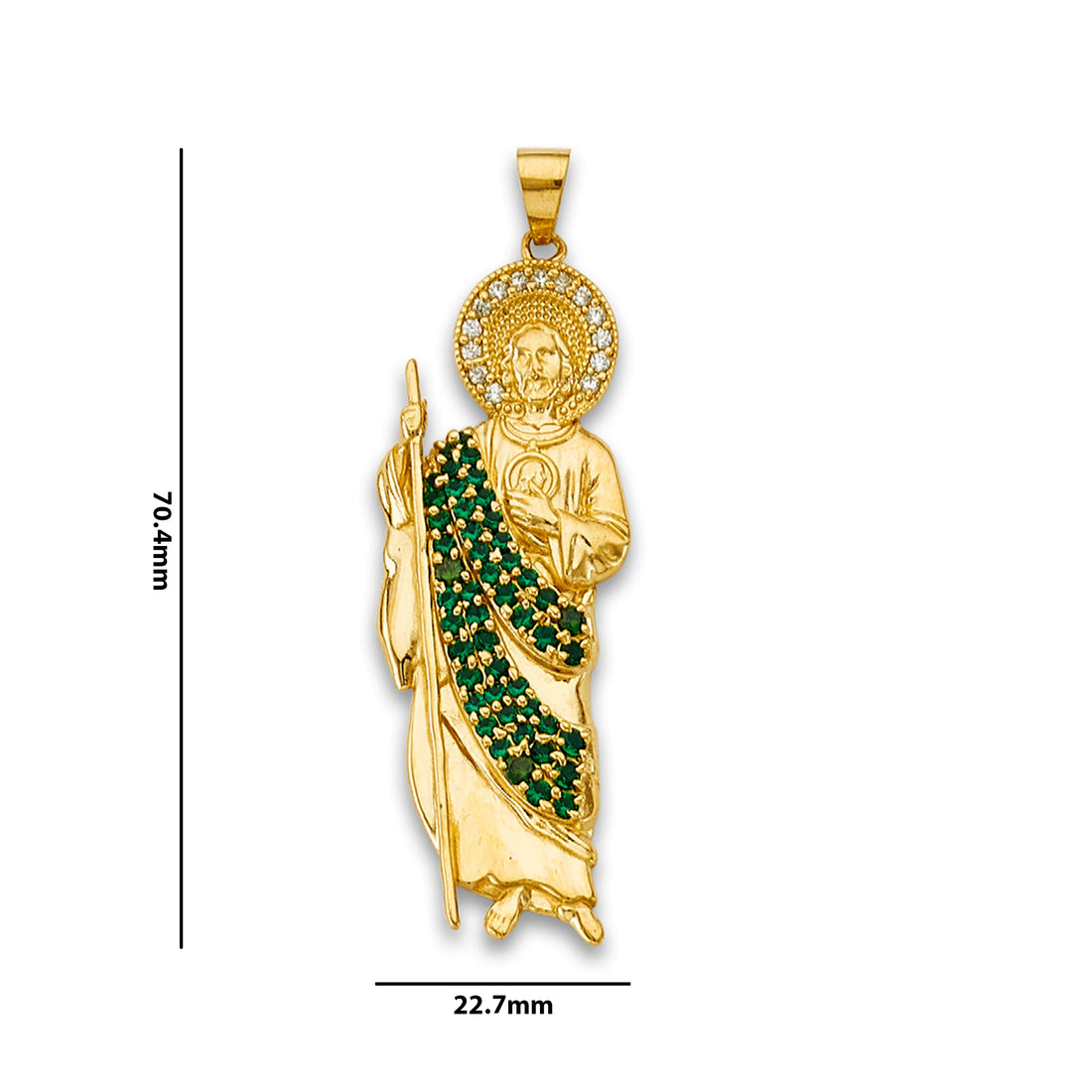 Two Tone Gold Green CZ Saint Jude Thaddeus Religious Pendant with Measurement