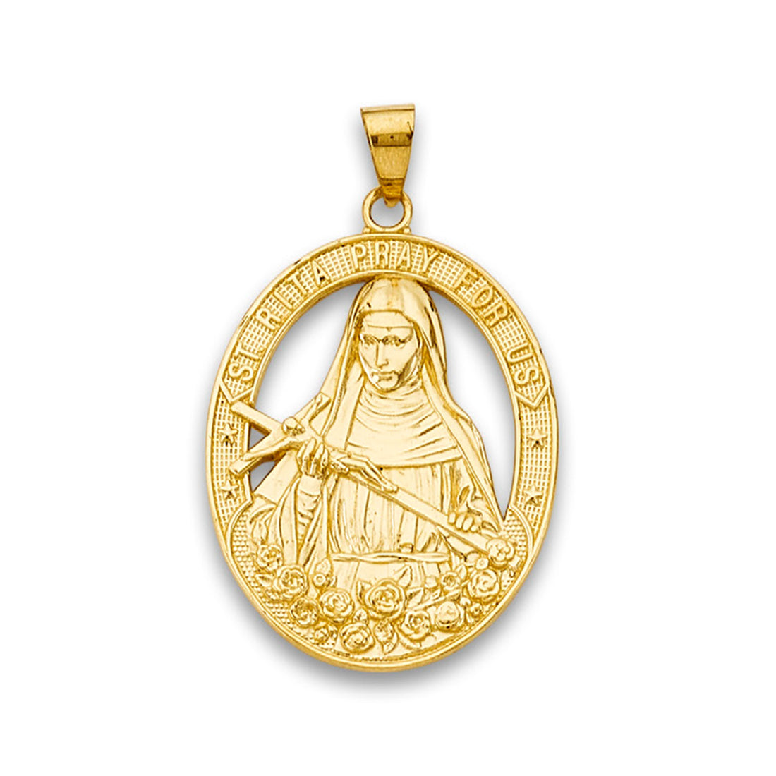 Yellow Gold St.Rita Pray for Us Religious Pendant