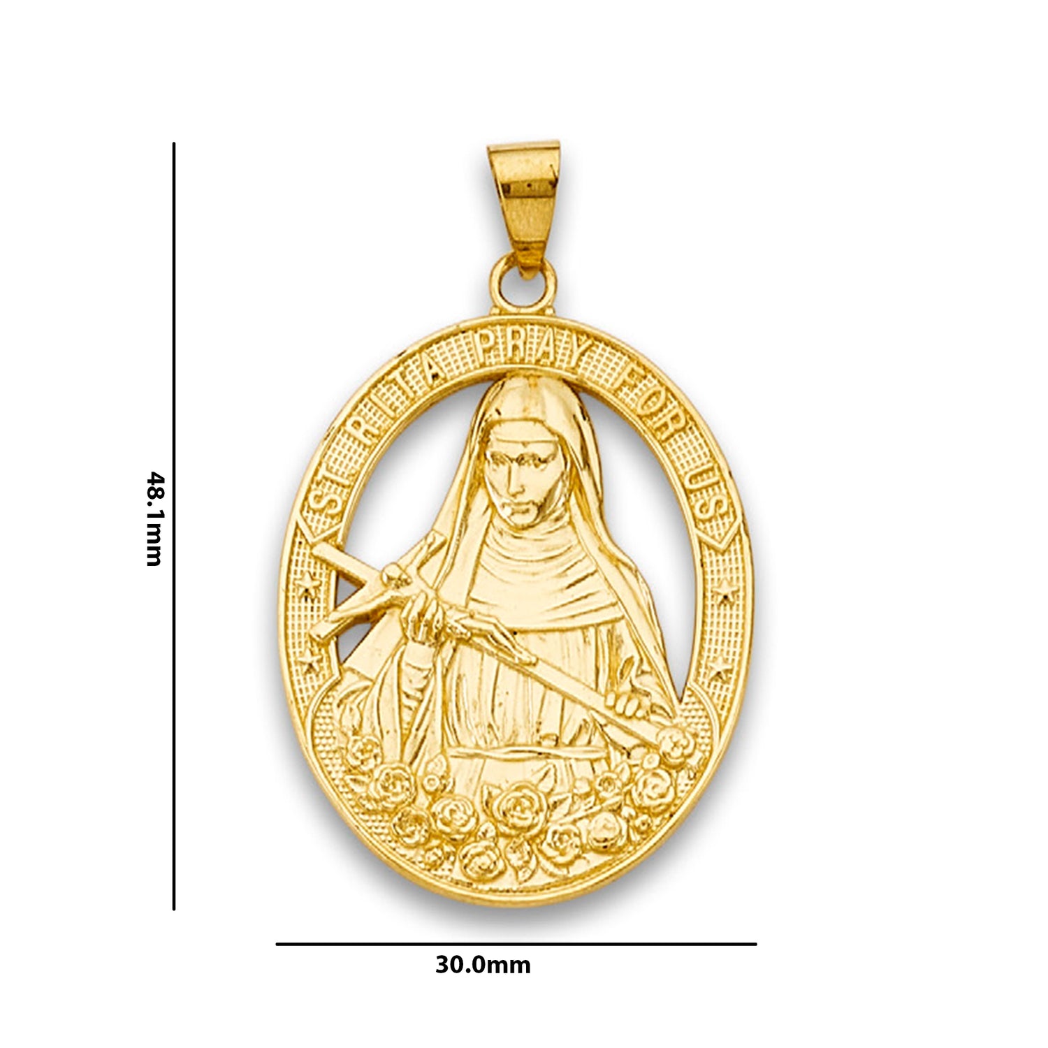 Yellow Gold St.Rita Pray for Us Religious Pendant with Measurement