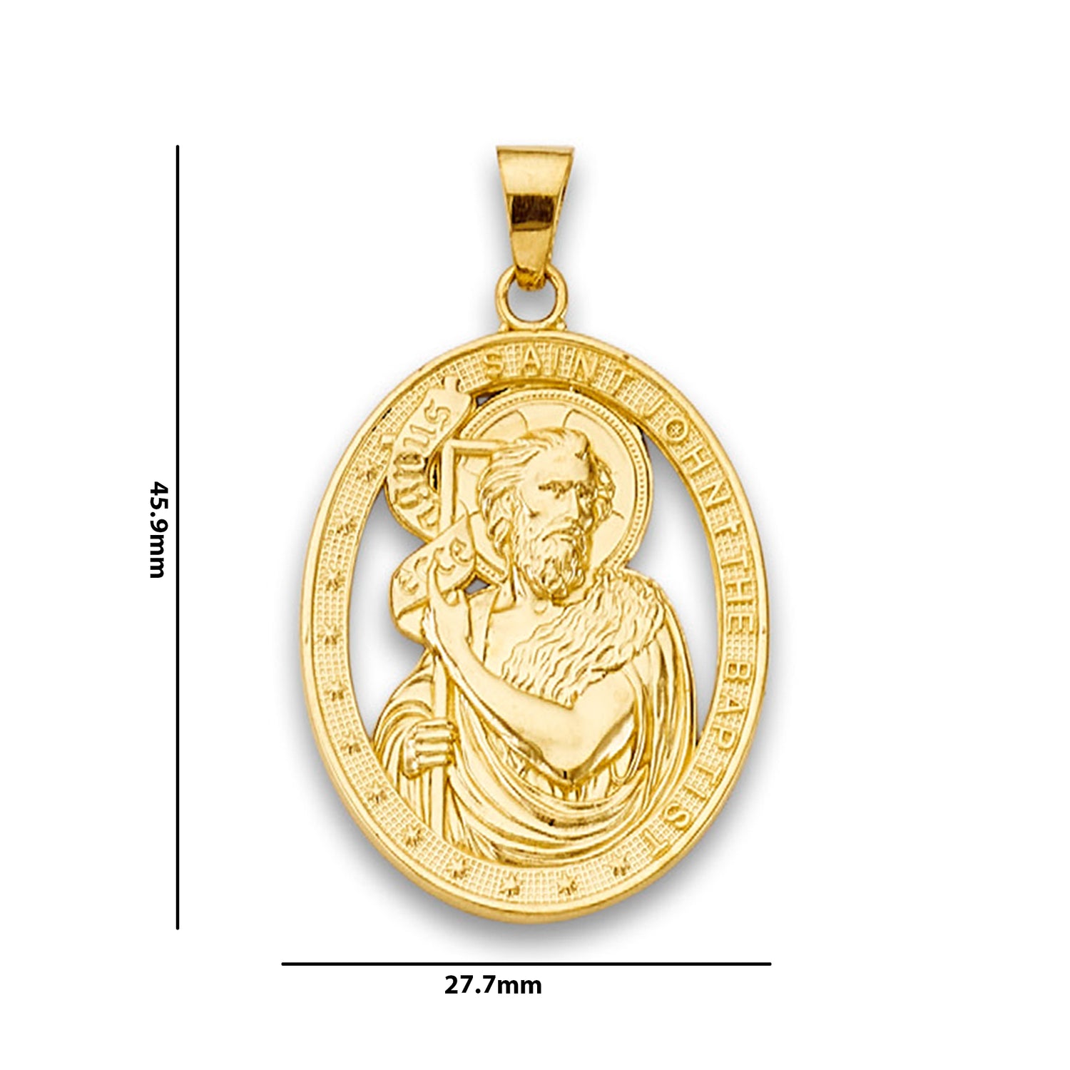 Yellow Gold Oval Saint John the Baptist Religious Pendant with Measurement