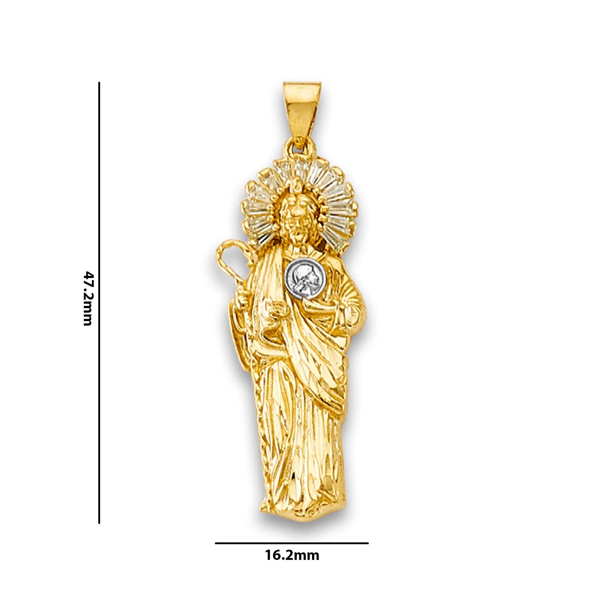 Two Tone Gold Baguette CZ Saint San Judas Pendant with Measurement