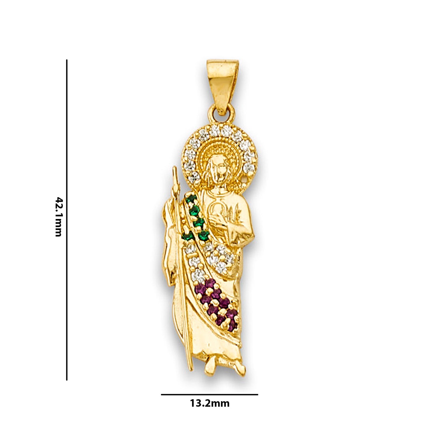 Yellow Gold Round Multi Color CZ San Judas Pendant with Measurement