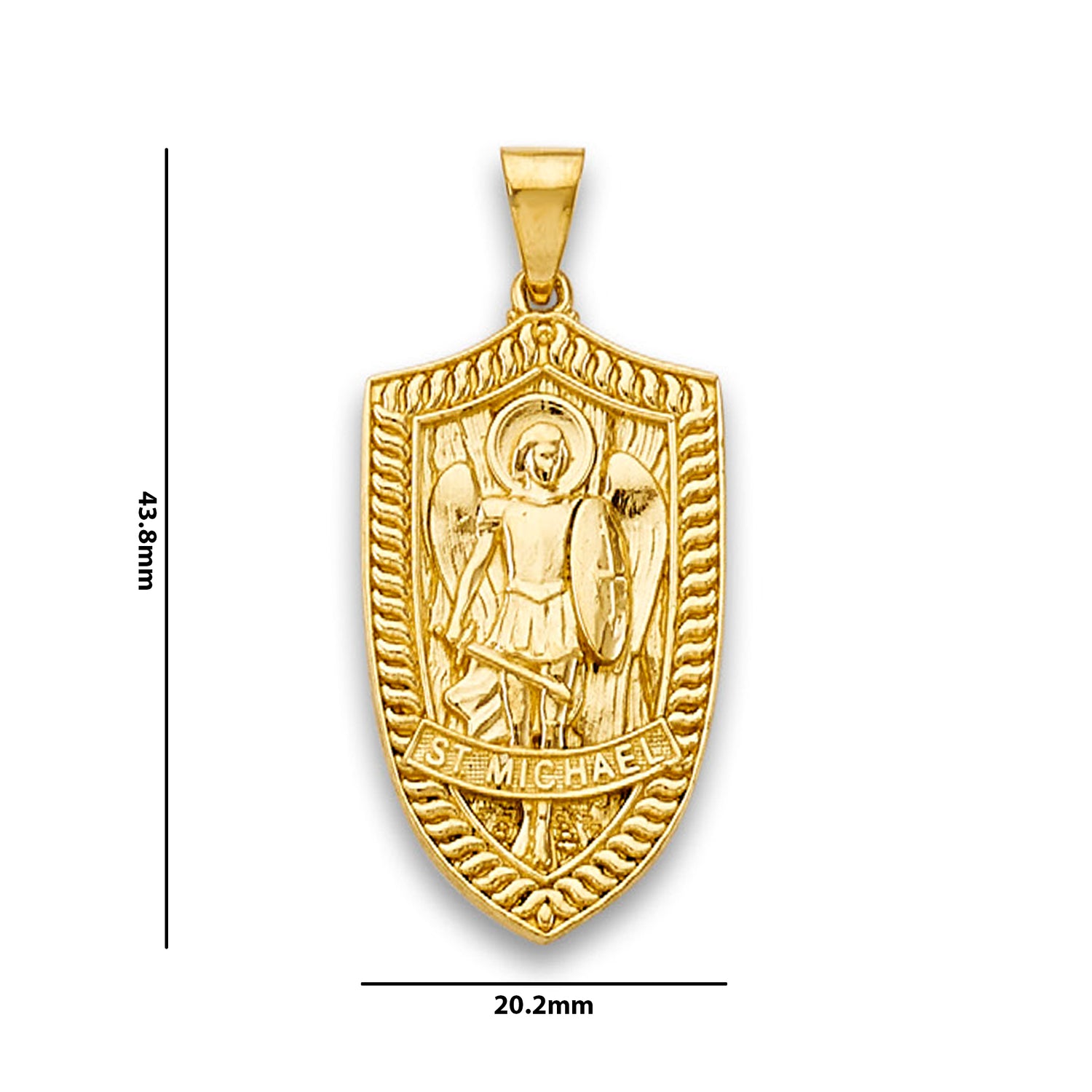 Yellow Gold Saint Michael Sword Shield Pendant with Measurement