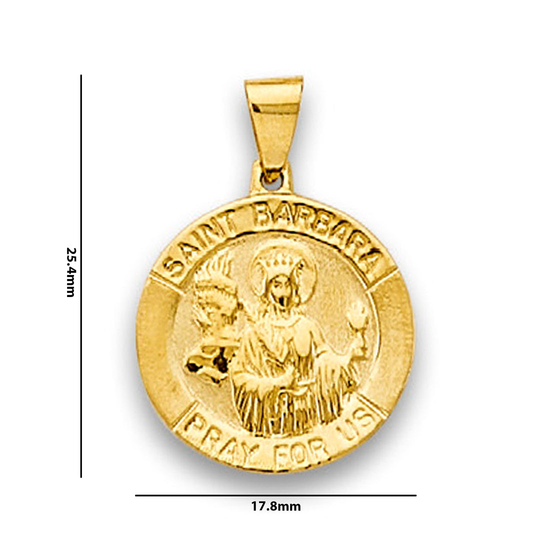 Yellow Gold Saint Barbara Pray For Us Religious Pendant with Measurement