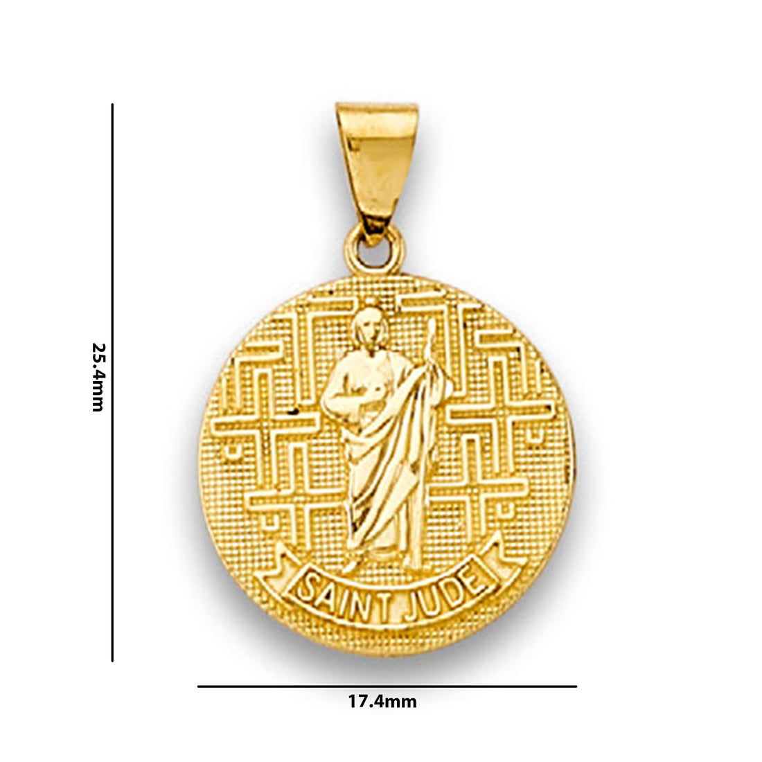 Yellow Gold Saint Jude Textured Religious Medallion Pendant with Measurement