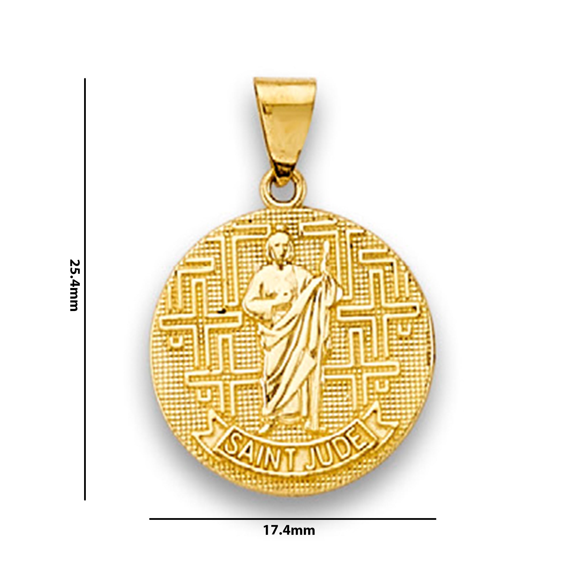 Yellow Gold Saint Jude Textured Religious Medallion Pendant with Measurement