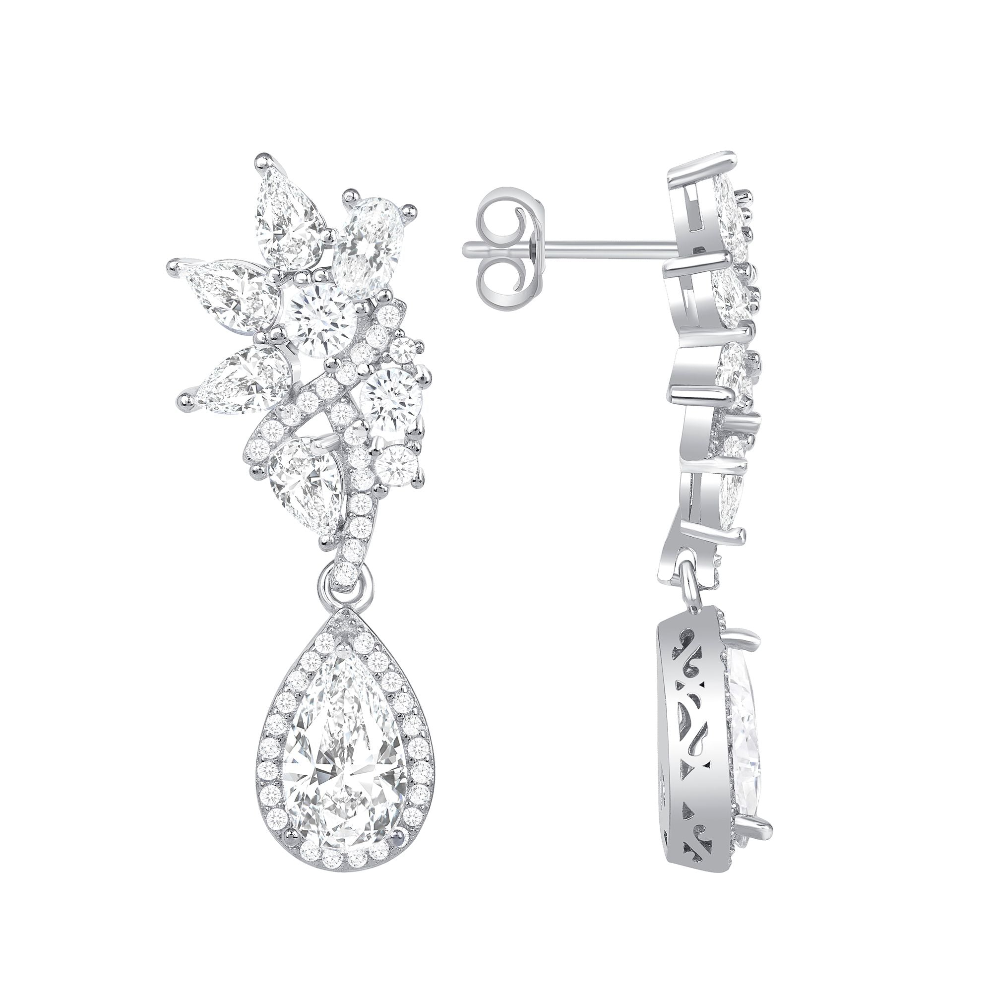 925 Sterling Silver Sparkling Leaf Shaped and Teardrop CZ Drop Earrings