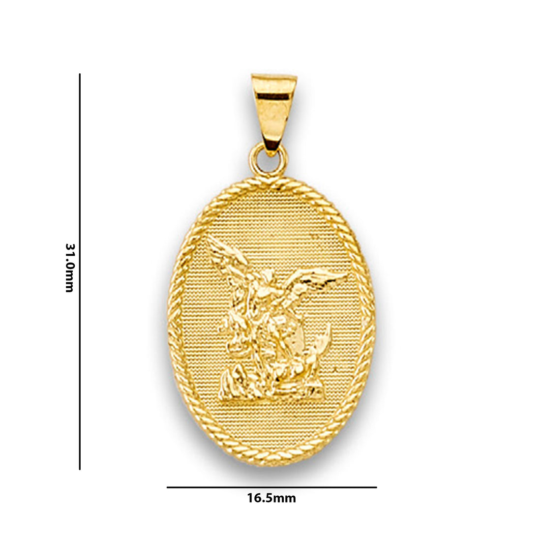 Yellow Gold Rope Outlined Textured Saint Michael Pendant with Measurement