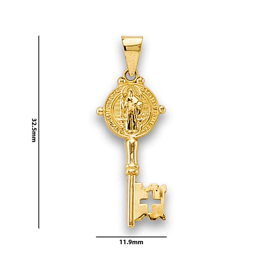 Yellow Gold Saint Benedict Double Sided Key Pendant  with Measurement