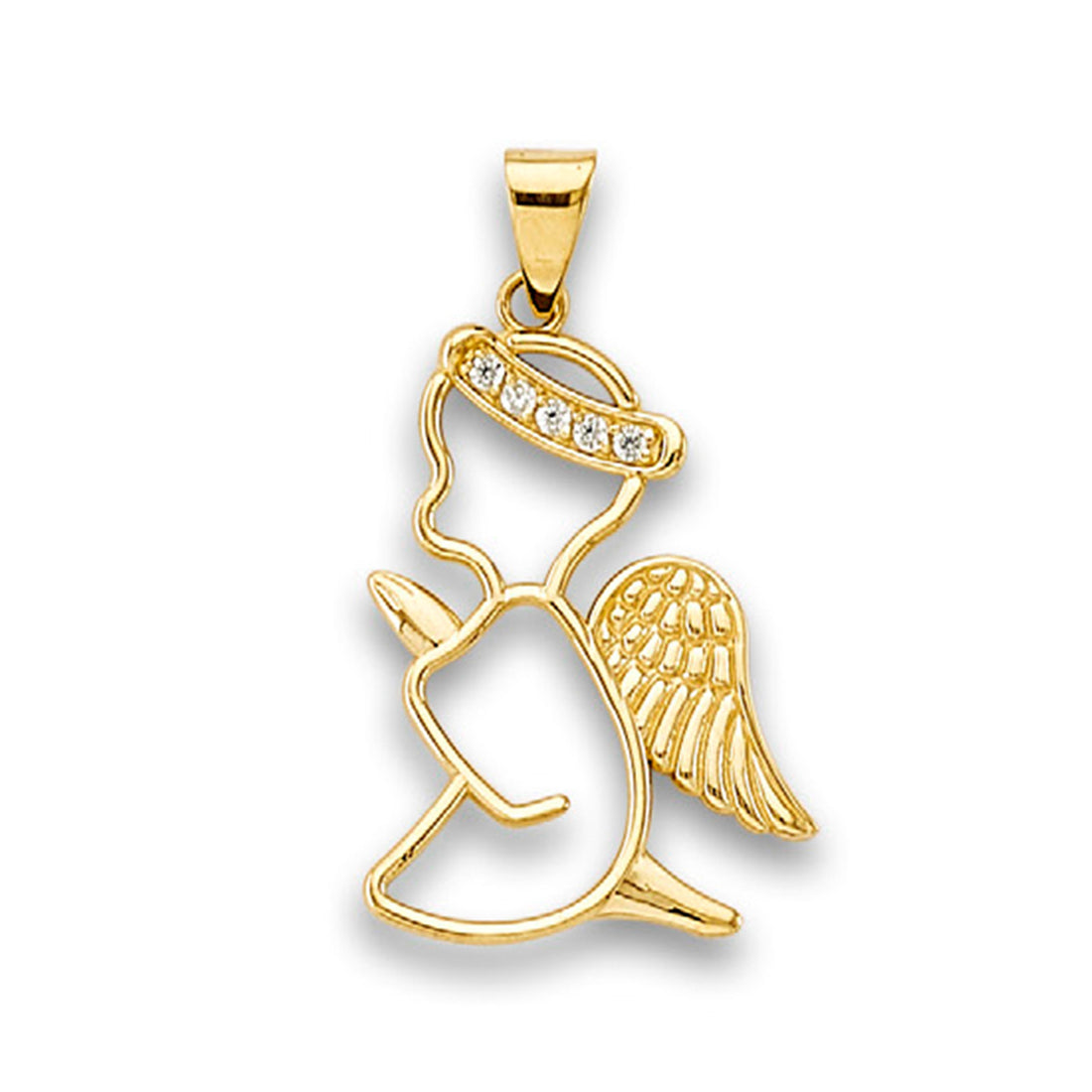 Yellow Gold Round CZ Open Praying Angel Hollow Pendant