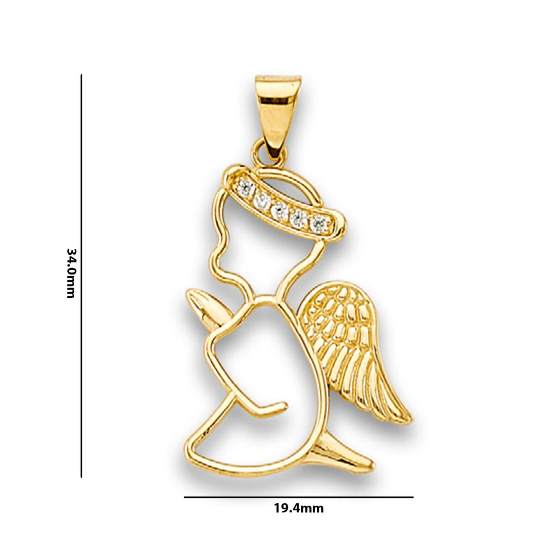 Yellow Gold Round CZ Open Praying Angel Hollow Pendant with Measurement