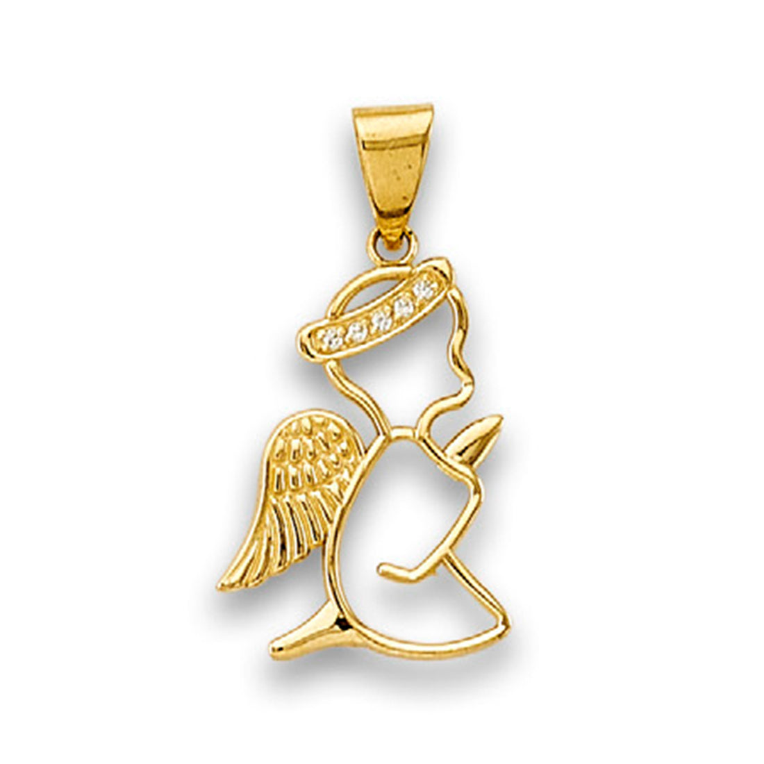 Yellow Gold Round CZ Praying Angel Hollow Pendant