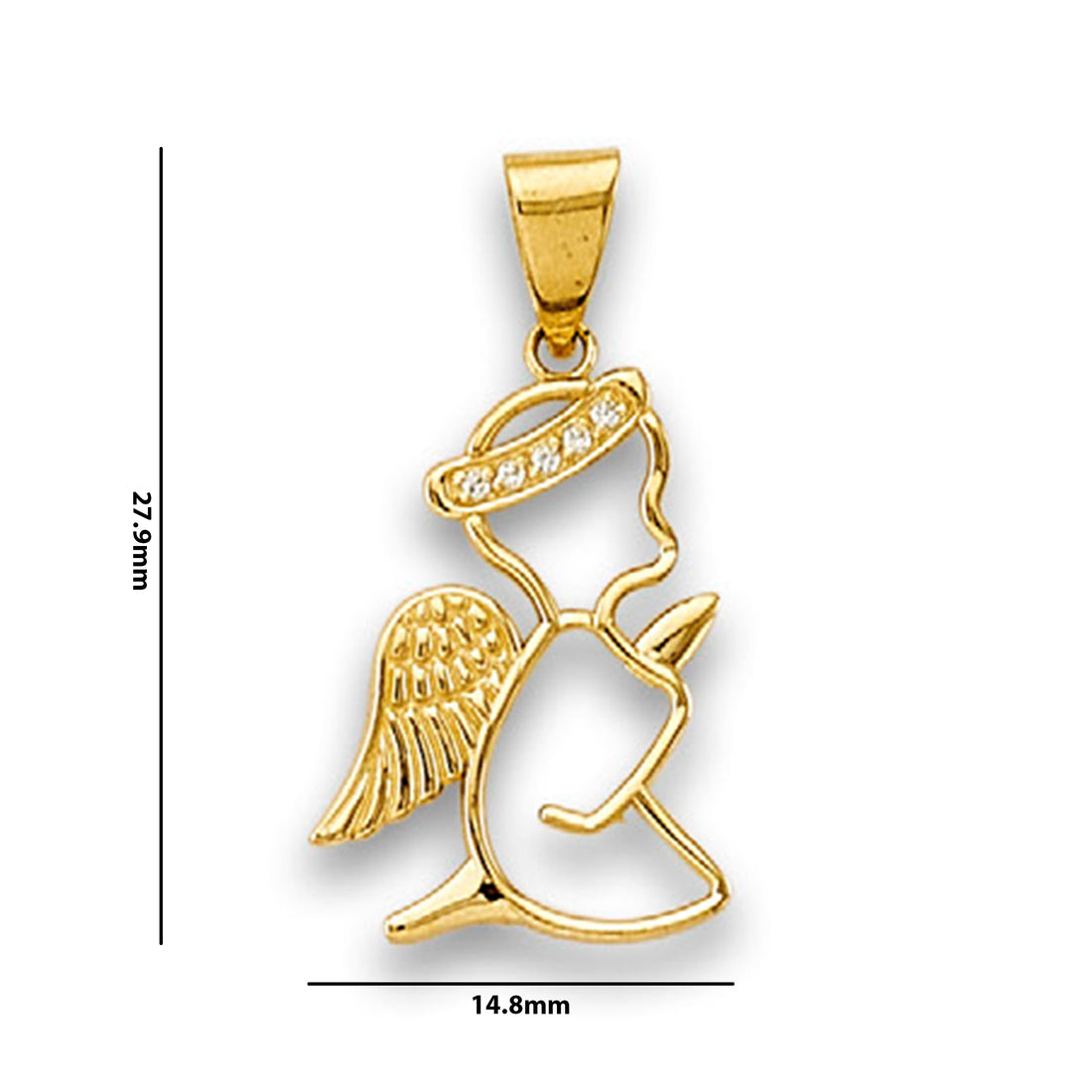 Yellow Gold Round CZ Praying Angel Hollow Pendant with Measurement