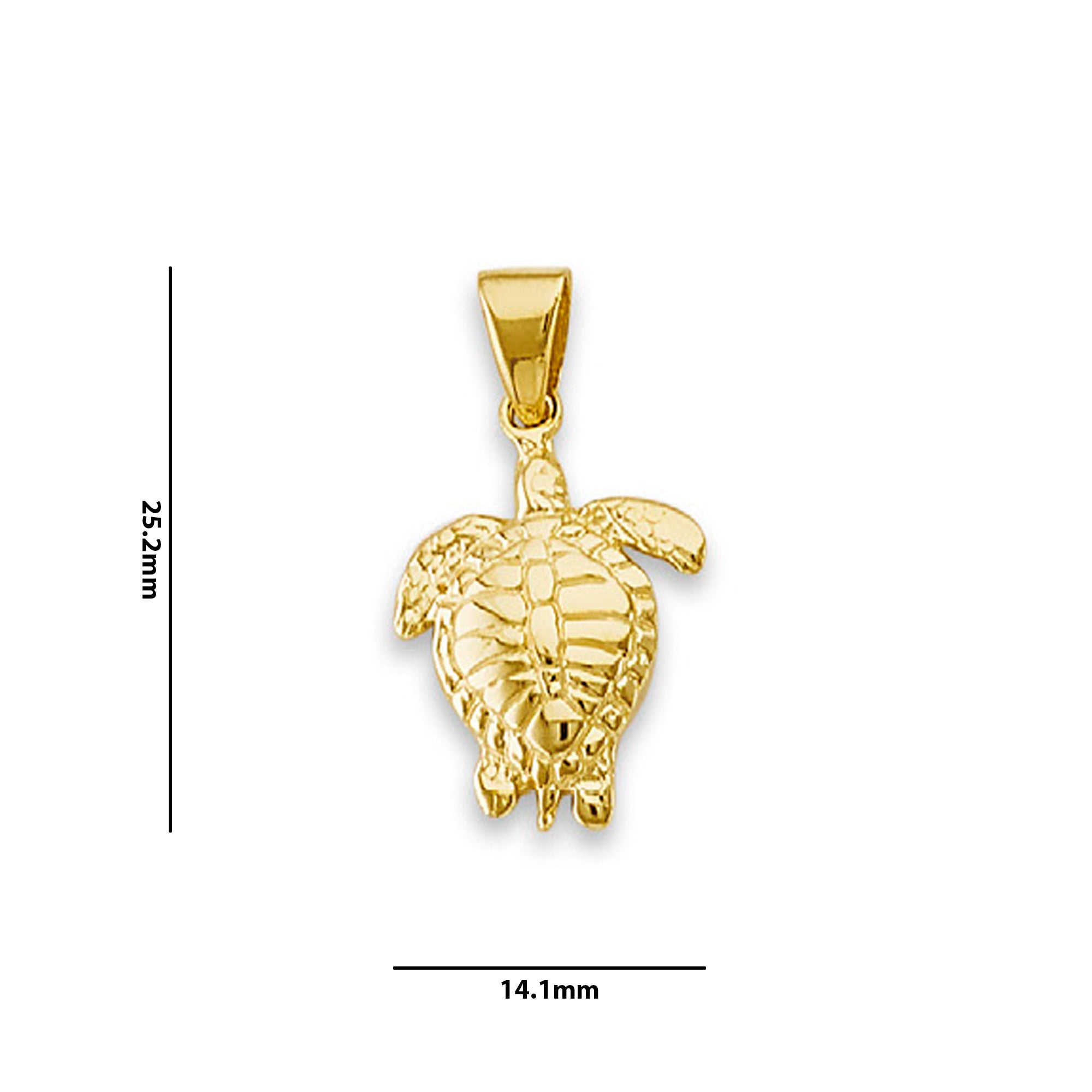 Yellow Gold Minimalist Sea Turtle Charm Pendant  with Measurement