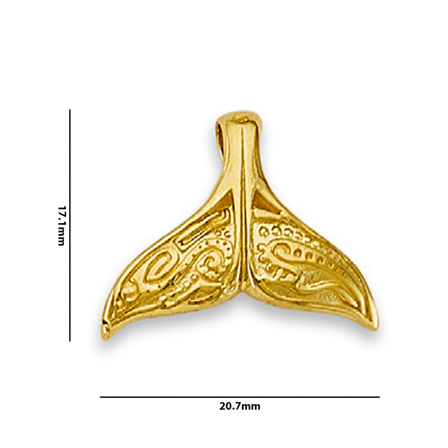 Yellow Gold Whale Tail Charm Pendant with Measurement