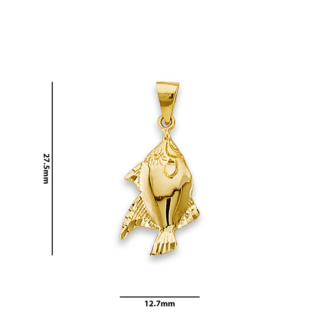 Yellow Gold Simple Genuine Fish Charm Pendant with Measurement