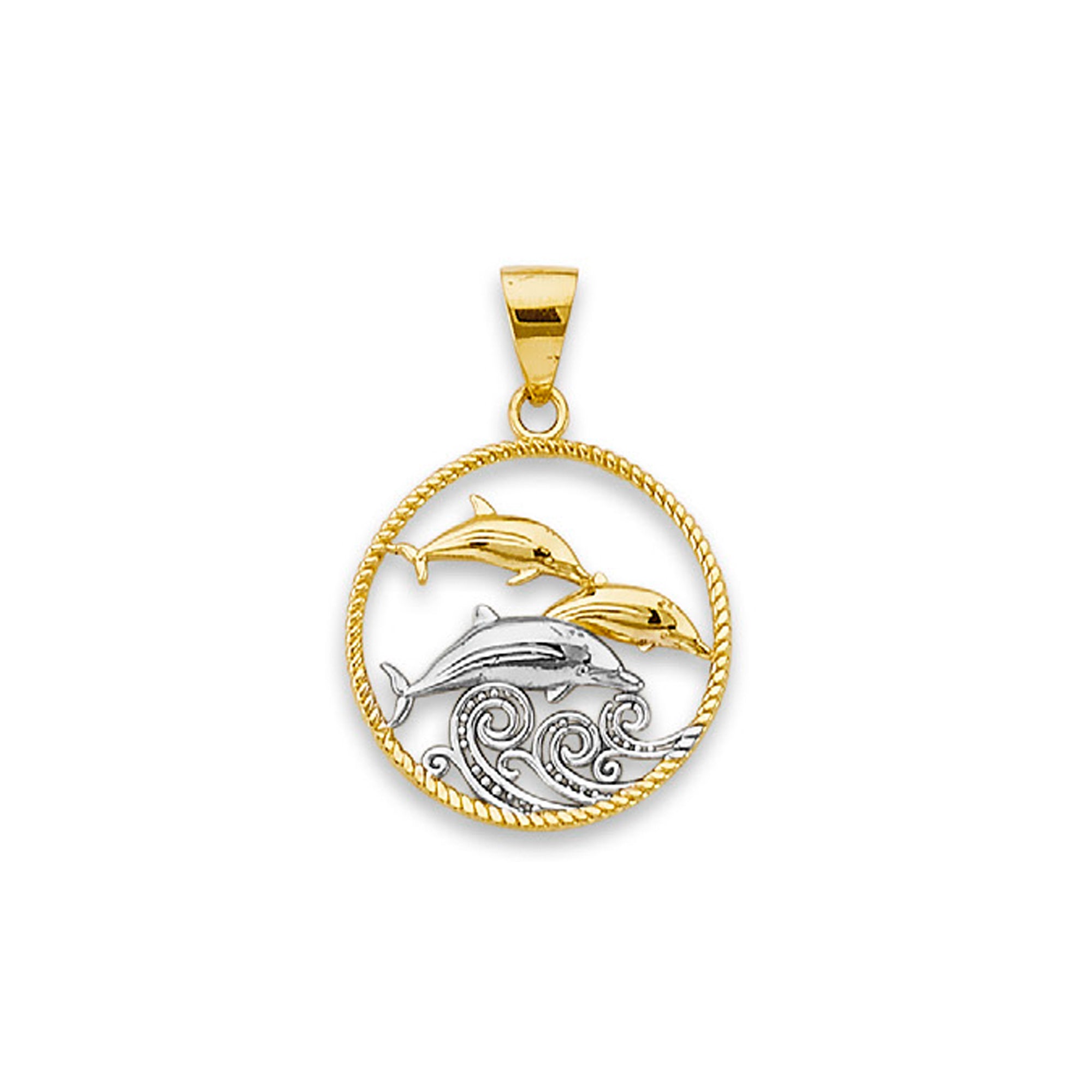 Two Tone Gold Dolphin Rope Open Circle Charm Pendant