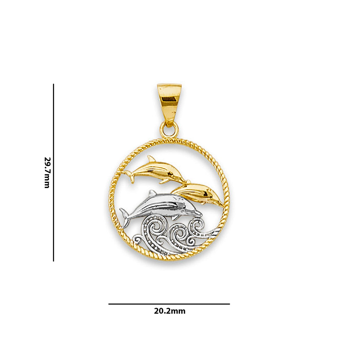 Two Tone Gold Dolphin Rope Open Circle Charm Pendant with Measurement