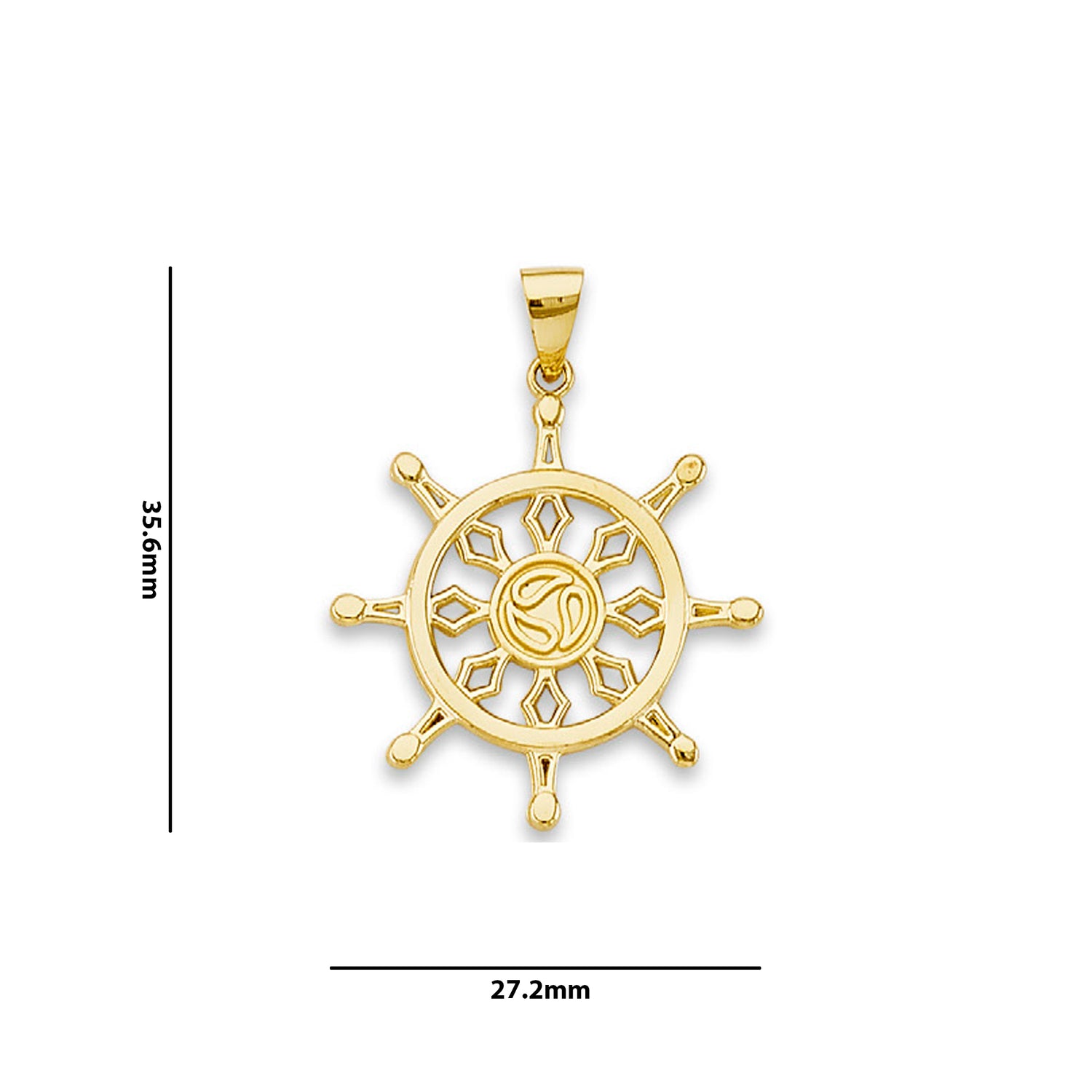 Yellow Gold Dharma Wheel Charm Pendant with Measurement