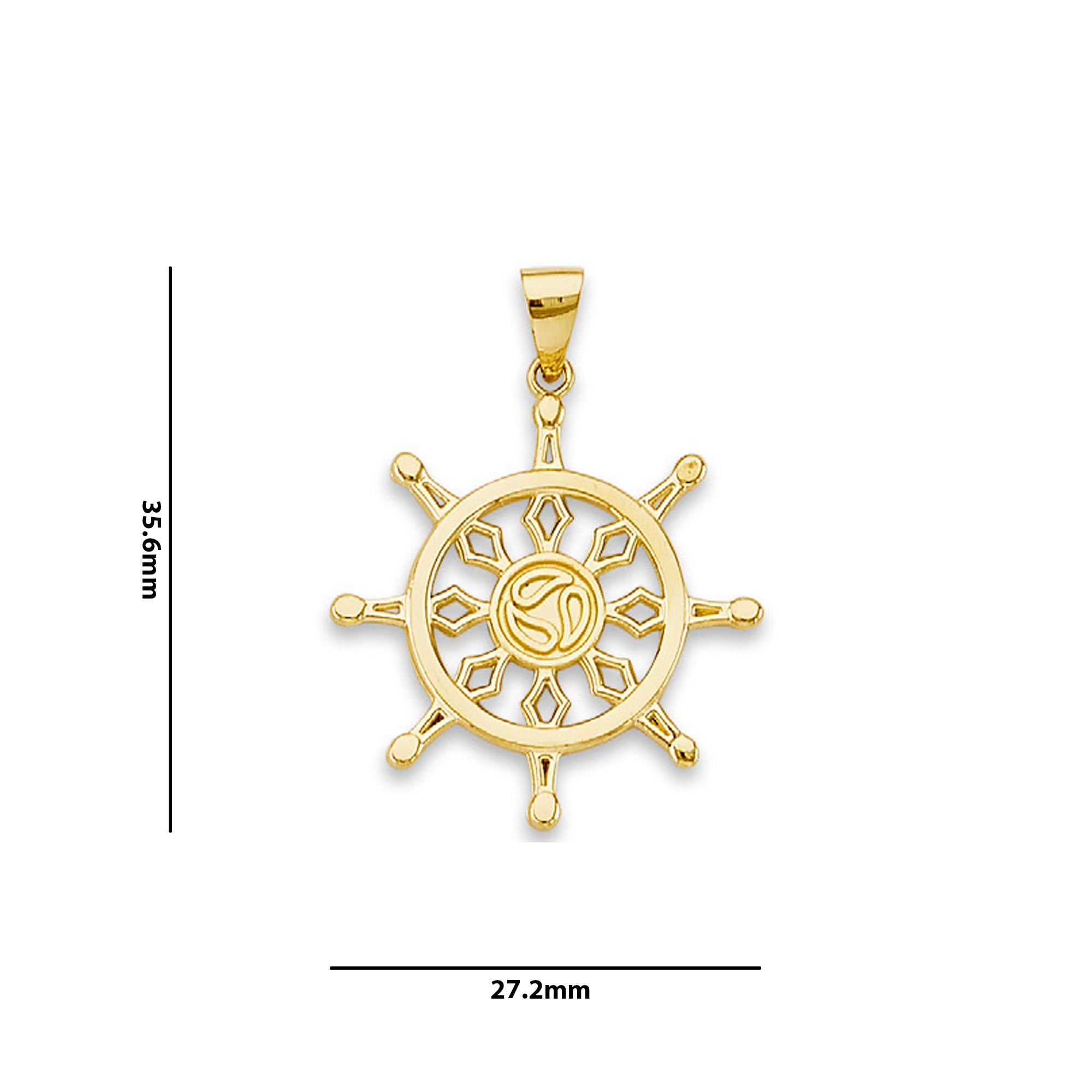 Yellow Gold Dharma Wheel Charm Pendant with Measurement