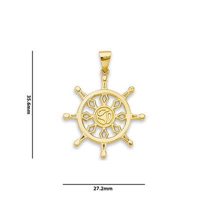 Yellow Gold Dharma Wheel Charm Pendant with Measurement