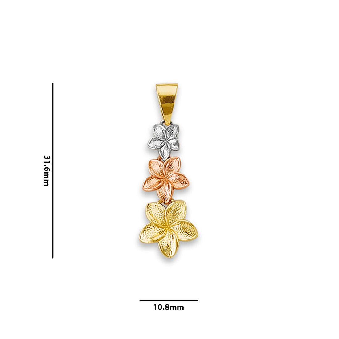 Tri Tone Gold Plumeria Flower Charm Pendant with Measurement