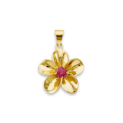 Yellow Gold Round Red CZ Plumeria Flower Pendant