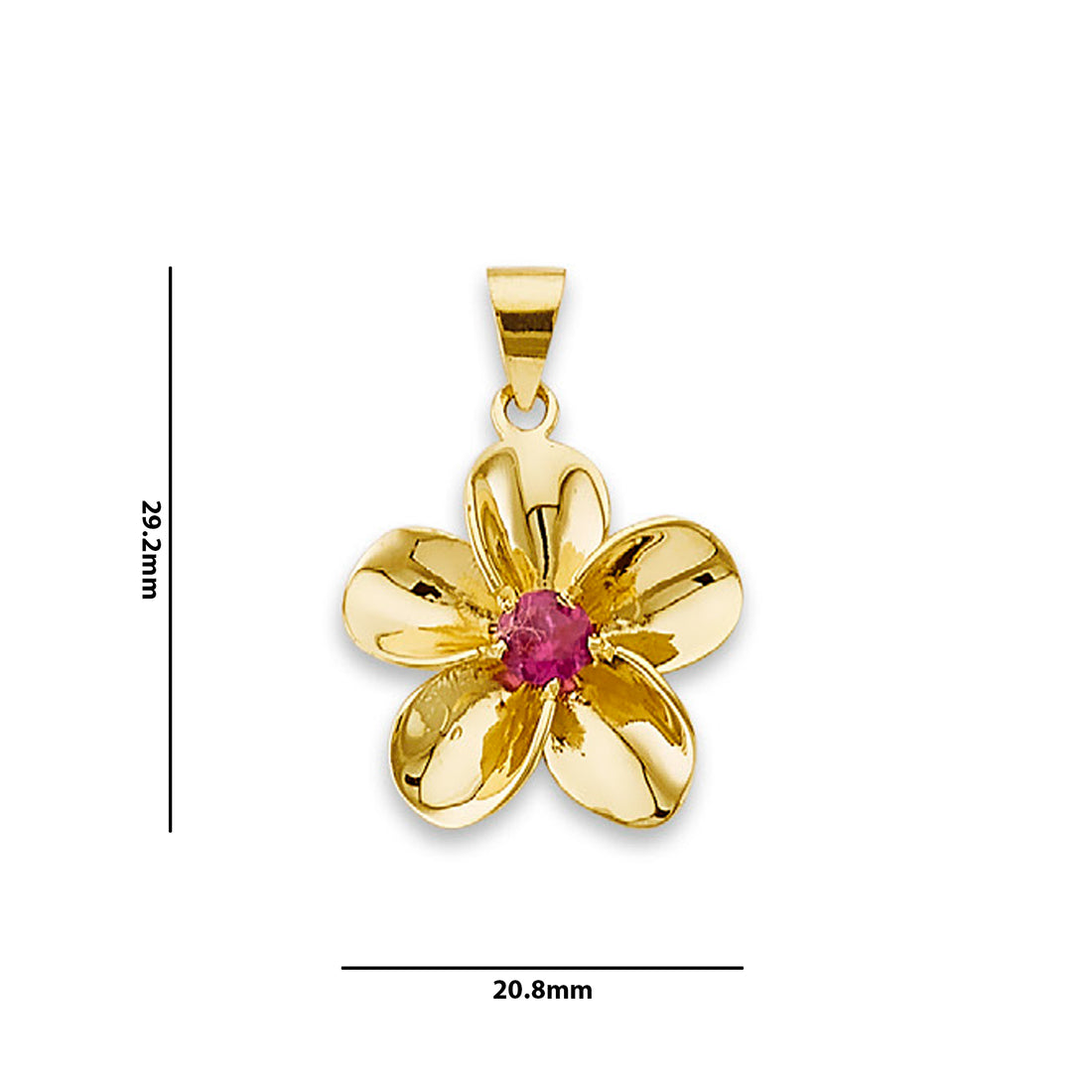 Yellow Gold Round Red CZ Plumeria Flower Pendant with Measurement