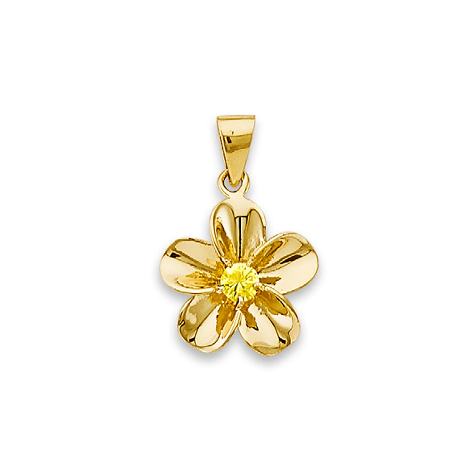 Yellow Gold Plumeria Round Yellow CZ Flower Charm Pendant