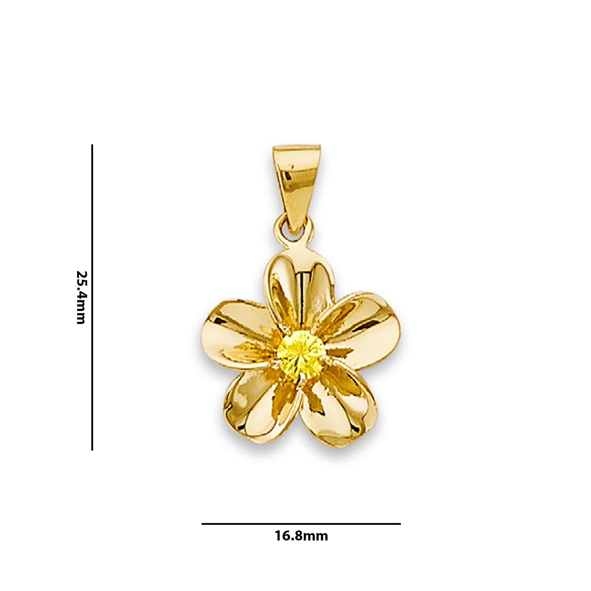 Yellow Gold Plumeria Round Yellow CZ Flower Charm Pendant with Measurement