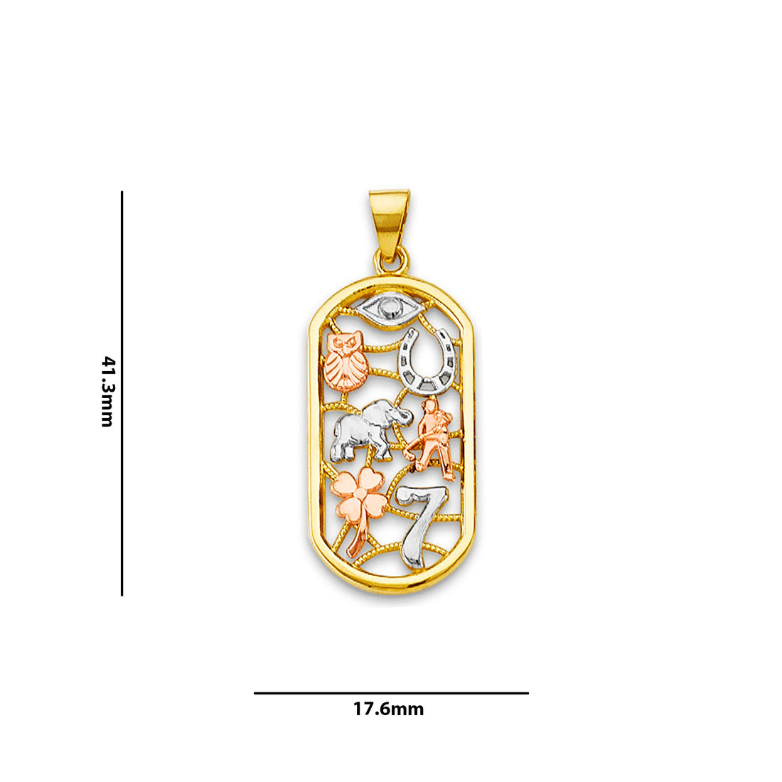 Tri Tone Gold Open-beaded Lucky Charm Pendant with Measurement